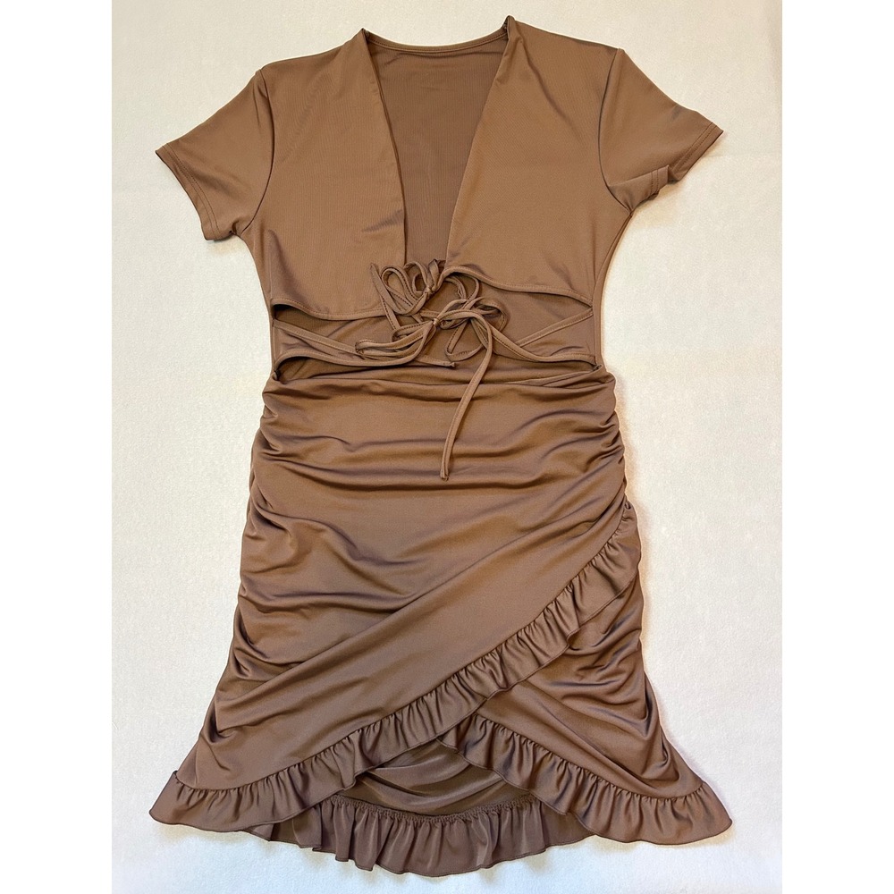 SHEIN Brown Cutout Tie Front Ruched Ruffle Hem Mini Dress Short Sleeve Bodycon